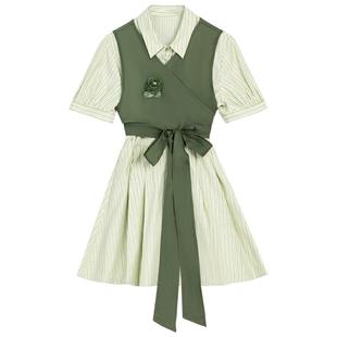 KEIKO 小清新薄荷绿假两件式连衣裙夏日绝美小个子收腰A字衬衫裙