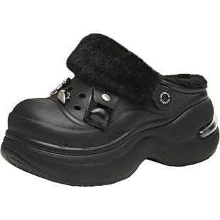 天美意厚底增高洞洞鞋女外穿加绒毛毛鞋棉拖2025冬季新款CIB05DH5