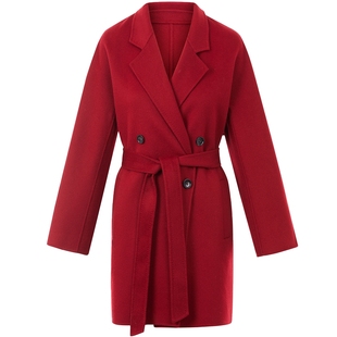 LANCY/朗姿2024冬新款羊毛高端简约气质大衣系带中长款毛呢外套女