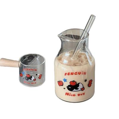 简约卡通珍珠奶茶玻璃吸管杯大容量耐高温刻度小奶盅咖啡杯2件套