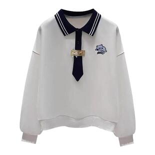 女童POLO领学院风卫衣女新款秋季薄款长袖套头上衣中大童宽松百搭