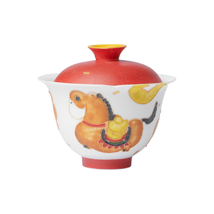 植述手绘国潮吉祥物马上有钱花口二才盖碗新年沏茶碗高颜值泡茶碗