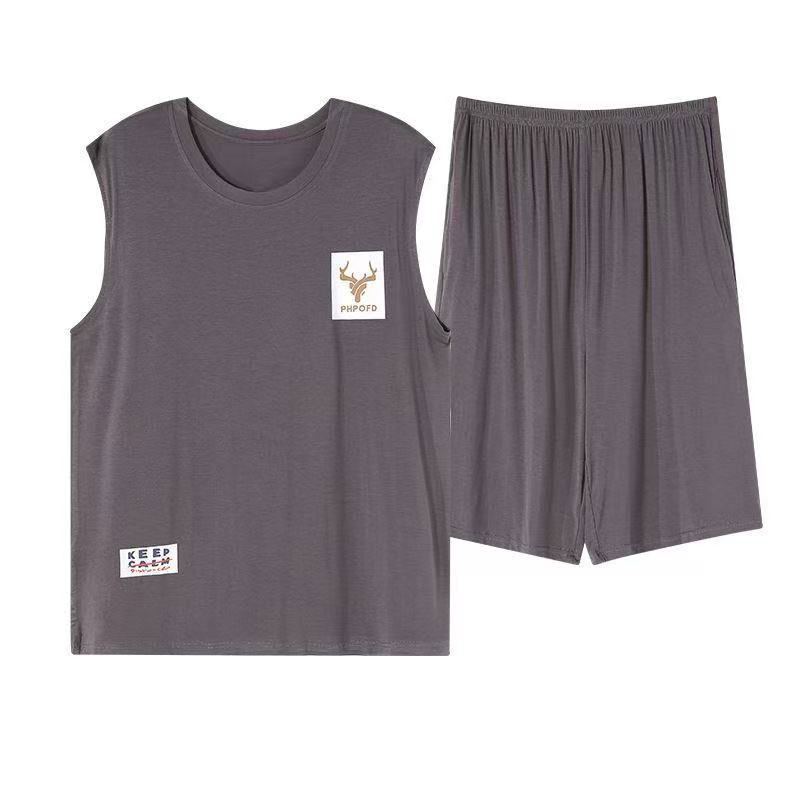 莫代尔睡衣男夏季背心青少年大码无袖宽松薄款冰丝家居服套装夏天
