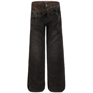 OV原创美式亚文化双腰头刷金做旧牛仔裤女街头绑带设计直筒长裤子