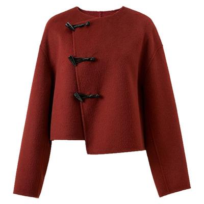 三彩2025冬牛角扣双面呢大衣短款