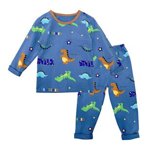 儿童弹力莱卡棉亲肤家居服男女童卡通满印睡衣宝宝秋衣秋裤套装新