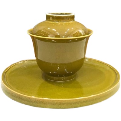 启色陶瓷鳝鱼黄茶叶末三才盖碗功夫茶具手工原矿单色釉茶杯180ml