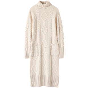 裙型好赞！高领山羊绒衫女中长款连衣裙子过膝纯羊绒毛衣套头加厚