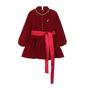 小O宝童装 宝宝丝绒红色连衣裙女2026新款女童新年礼服周岁公主裙