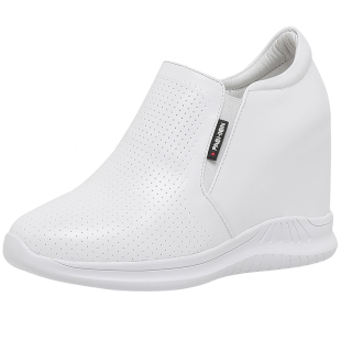 真皮9CM内增高单鞋女春夏款厚底百搭松糕坡跟一脚蹬镂空小白鞋潮