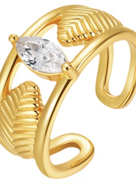 【明星同款】sunshifen Rainforest系列金色叶片锆石镂空开口戒指