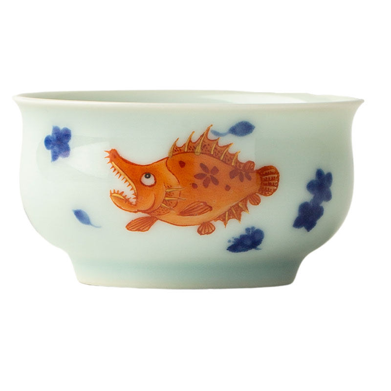 三勤堂青花矾红桃花鳜鱼矮炉杯