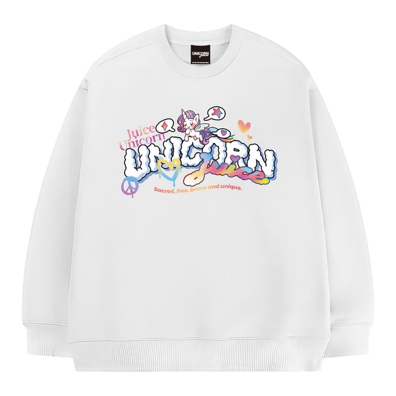 JuiceUnicorn原创卡通独角兽彩虹字体字母情侣男女重磅圆领卫衣