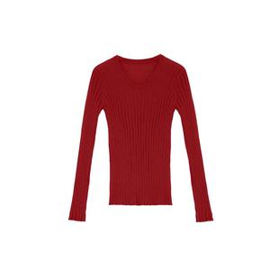 CONCISE-WHITE简白2025秋冬新品竖纹U领打底羊毛针织修身上衣女