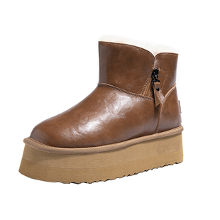 厚底真皮漆皮雪地靴女2025新款内增高10CM加绒棉靴子冬季保暖短靴