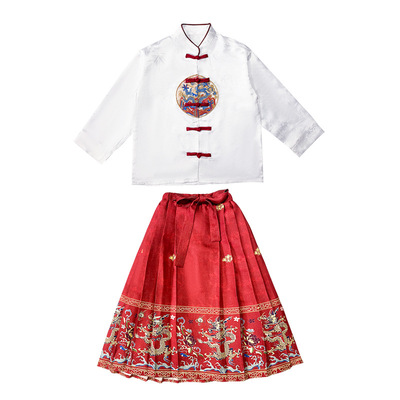 男女童汉服白上衣红马面裙演出服