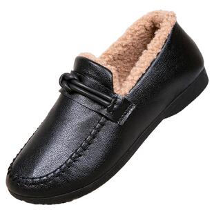 软皮加绒女鞋2025新款秋冬软底舒适妈妈鞋平底小皮鞋保暖女棉鞋