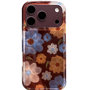酒红底花朵适用苹果18promax手机壳18pro勃艮第酒红17pro新款16pro女iphone15带手链绳14pro超好看13不会撞壳