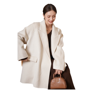 竹依依高端蚕丝羊毛白色双面羊绒大衣女春季短款2025年新款小个子