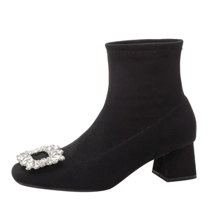 气质黑色方头粗跟短靴女2025秋冬新款加绒水钻方扣高跟弹力瘦瘦靴