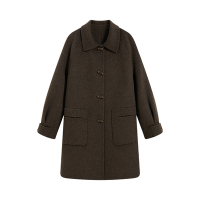 【100%绵羊毛】KBNE2025冬季新款方形牛角扣中长款羊毛毛呢大衣女