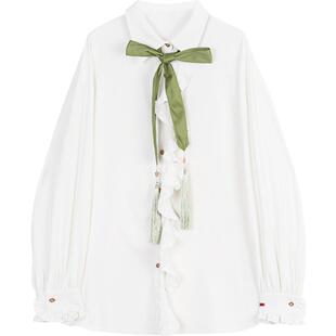 KEIKO 清雅流苏飘带饰白色长袖衬衫26春季韩系氛围感穿搭显瘦上衣