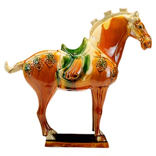 博物馆唐三彩三花马情侣马陶瓷对马摆件 中式博古架书桌装饰礼品