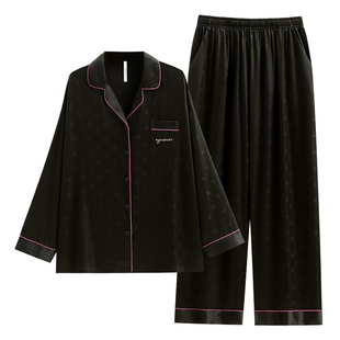 悦内睡衣女款春秋季秋款长袖冰丝绸家居服夏季薄款黑色时尚高级感