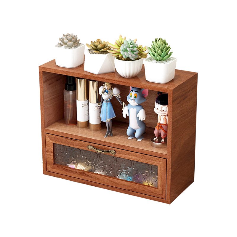 桌面收纳盒实木质手办抽屉式复古置物架化妆品桌上杯子柜子梳妆台
