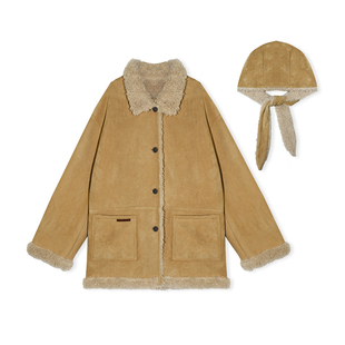 16DEWS授权可拆卸兔耳朵帽仿羊羔毛皮毛一体中长款外套设计师品牌