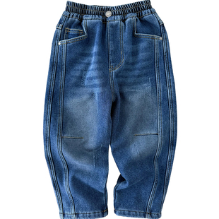 男童加绒牛仔裤柔软中弹~秋冬中大童加厚长裤男孩时尚保暖直筒裤