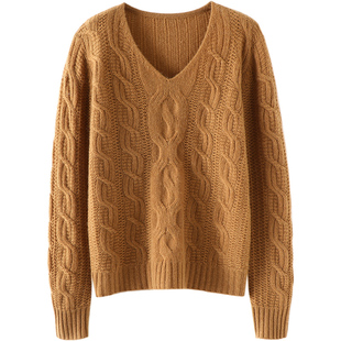 可遇不可求~V领绞花100%纯山羊绒衫女士宽松慵懒风纯羊绒毛衣秋冬