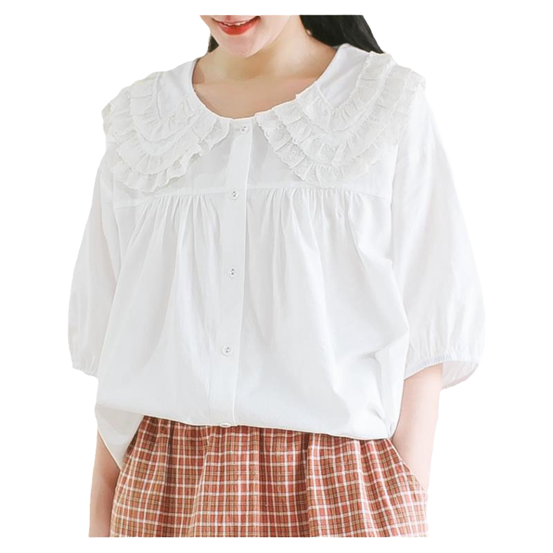 夏新品三层花瓣领白色衬衫大码宽松显瘦五分袖衬衣