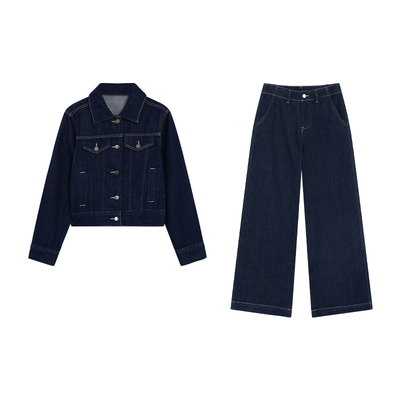 牛仔外套上衣+低腰牛仔裤套装