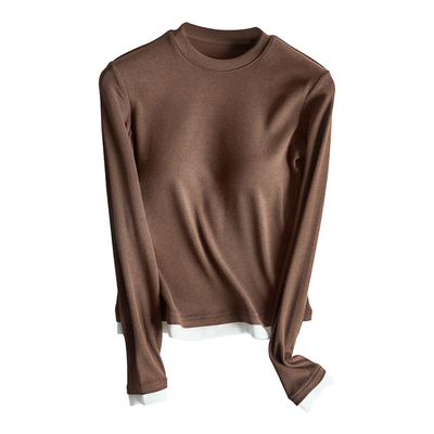 带胸垫圆领撞色假两件修身长袖女