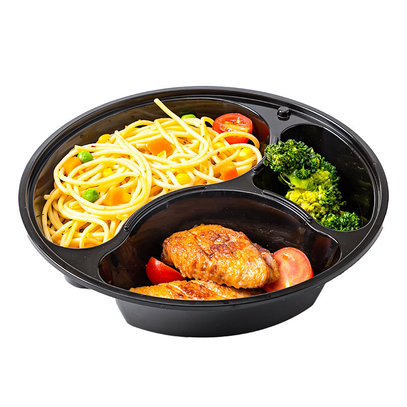 快餐饭盒圆形三格黑色透明打包盒
