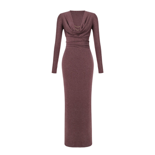 ITSNIKAR 法式深V荡领连衣裙女秋冬褶皱长袖针织包臀裙显瘦长裙子