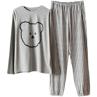 日系长袖情侣睡衣秋纯棉可爱小熊家居服加大码200斤格子长裤套装