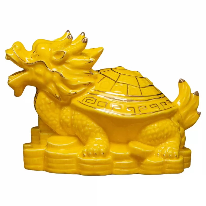 黄红陶瓷八卦金钱龙龟吉祥摆件