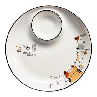 猫咪卡通图圆形陶瓷蘸醋饺子盘碟家用一体薯条零食儿童虾盘带醋碟