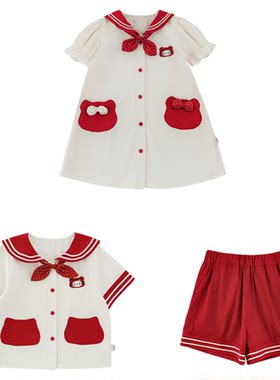 幼悠女童夏季新款海军领短袖T宽松短裤可爱连衣裙清凉学院风套装