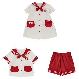 幼悠女童夏季新款海军领短袖T宽松短裤可爱连衣裙清凉学院风套装