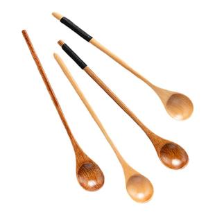 日式小木勺蜂蜜勺子木质缠线汤勺长柄搅拌勺咖啡勺甜品勺老漆实木