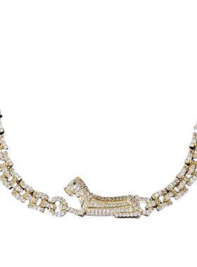 古巴比伦猎豹宝石项链 Vintage 镀18K金 祖母绿弧形锆石颈链 手链