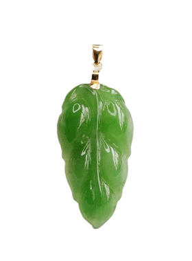 天然和田玉碧玉18k金镶金枝玉叶叶子吊坠俄料菠菜绿女士款饰品