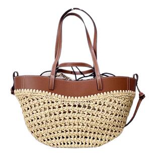 小众设计休闲草编托特包女新款干邑色拼接编织夏天海边度假手提包