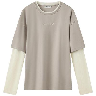 MOP假两件宽松圆领长袖T恤女