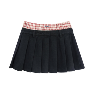 UNIFREE双腰头水洗牛仔百褶裙miu系格子拼接假两件A字短裙半身裙