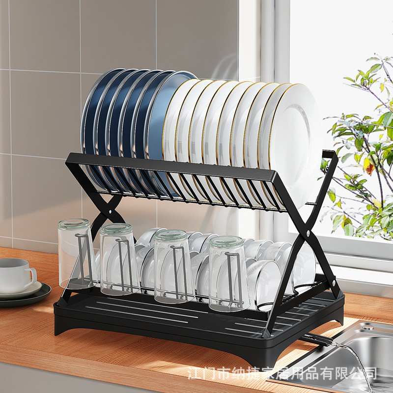 X型可折叠沥水碗架收纳盘水接架碗碟带沥水架台面厨房双层式厨房