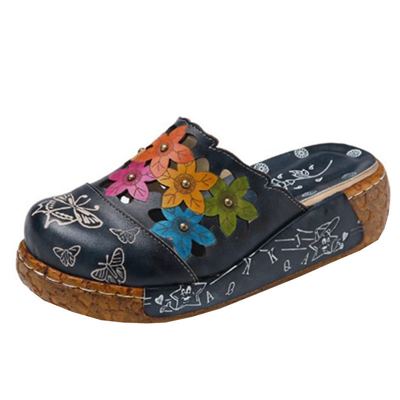 2026夏季新款凉拖花朵手工鞋女松糕厚底轻便防滑包头真皮拖鞋凉拖